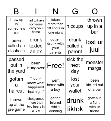 drunk bingo Card