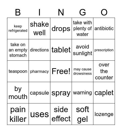 Medicine Bingo Card