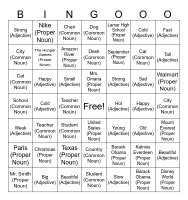 Adjectives/Common Nouns/Proper Nouns Bingo Card