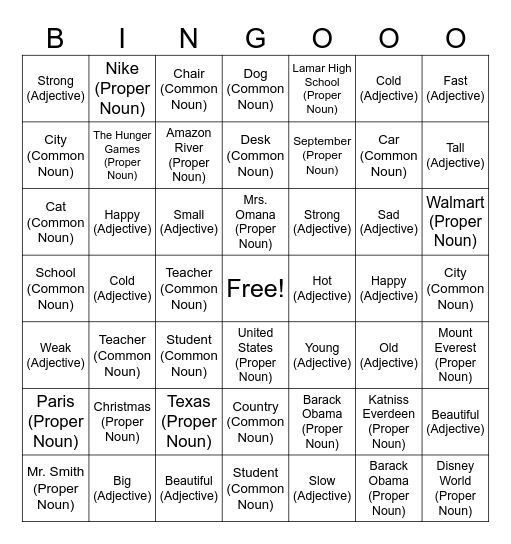 Adjectives/Common Nouns/Proper Nouns Bingo Card