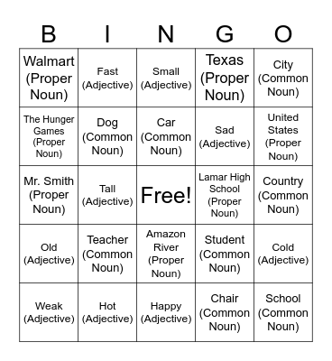 Adjectives/Common Nouns/Proper Nouns Bingo Card