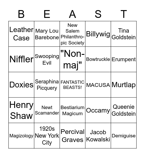 Fantastic Beasts Bingo Card