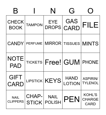 WHAT'S IN YOUR PURSE Bingo Card