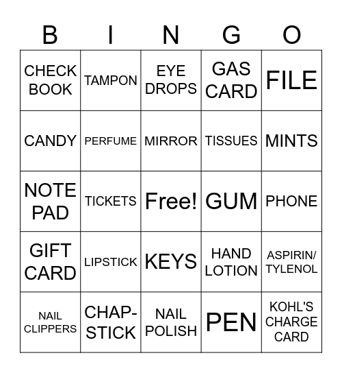 WHAT'S IN YOUR PURSE Bingo Card