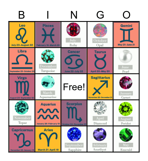 Birthstones and signs Bingo Card