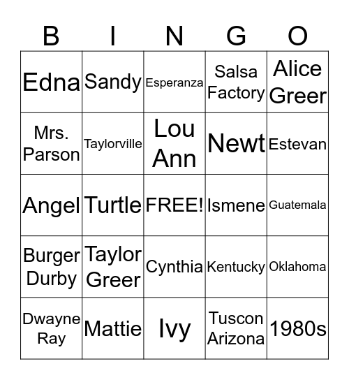 The Bean trees Bingo Card