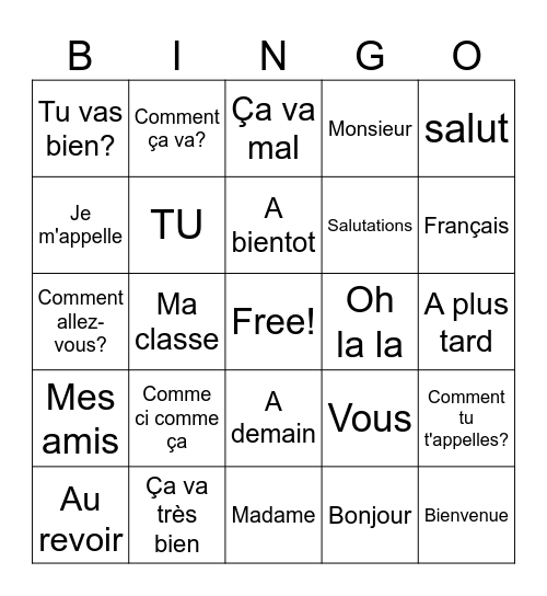 BONJOUR Bingo Card
