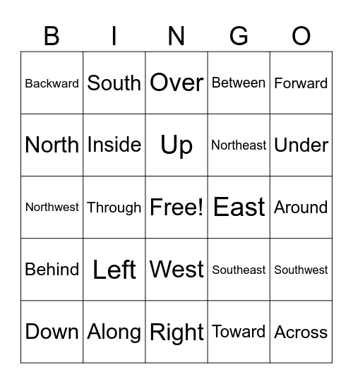 Direction Bingo Card