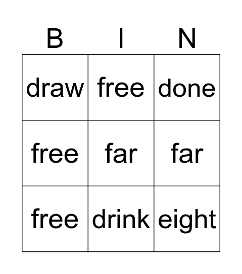 Sight Word Bingo Card
