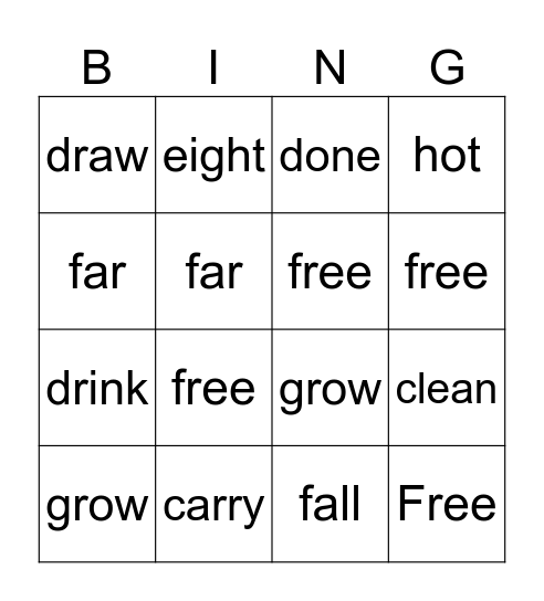 Sight Word Bingo Card