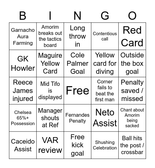 Chelsea United Bingo Card