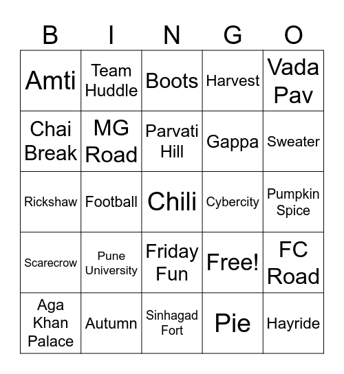 Workplace Fun in Pune & Fall Words Bingo Card