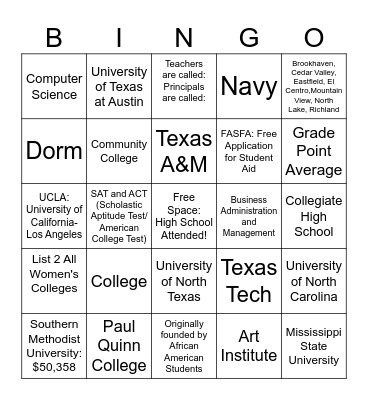 College Week  Bingo Card