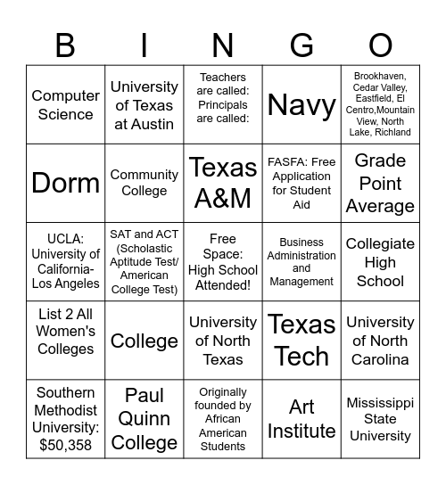 College Week  Bingo Card