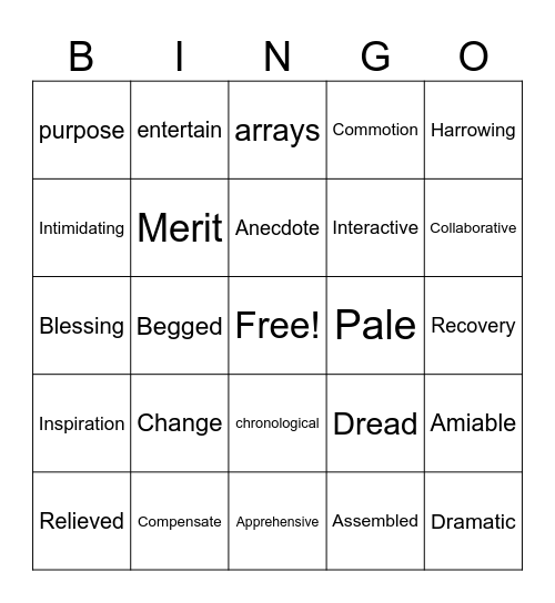 Random vocabulary Bingo Card