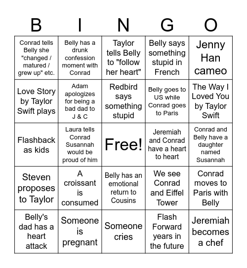 The Summer I Turned Pretty Series Finale Bingo Card