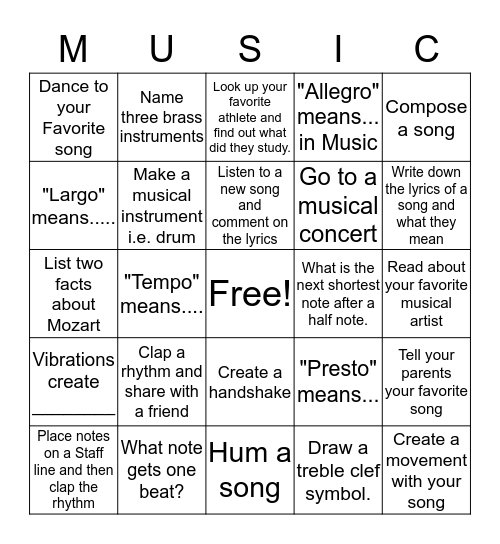 January Music Bingo Card