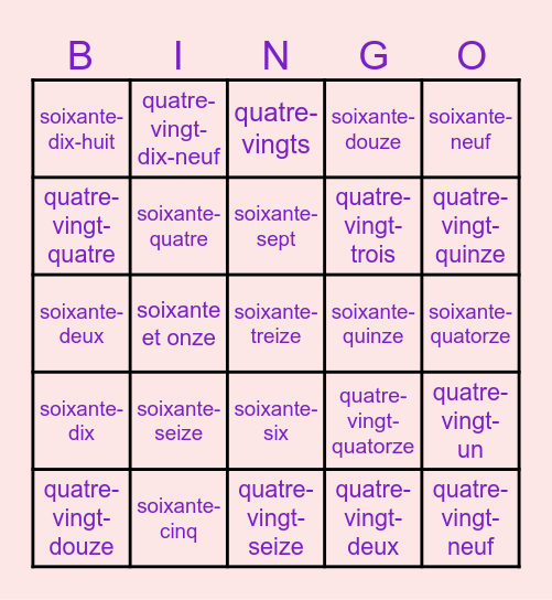 Numéros 61-100 (en français) Bingo Card