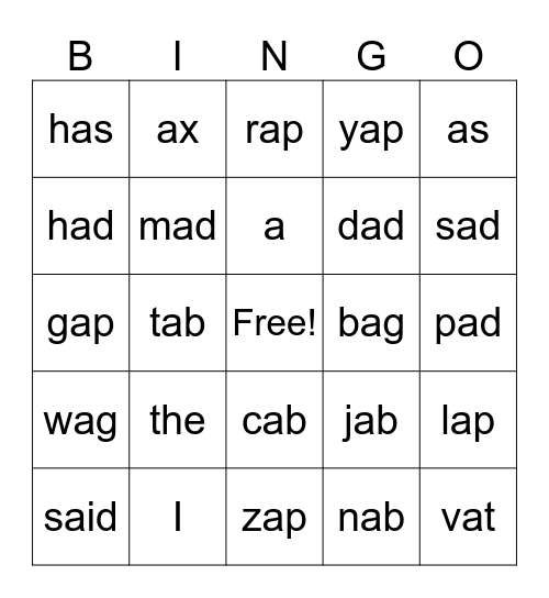 Lesson 35 a Bingo Card