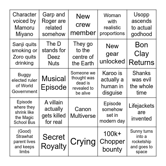 One Piece Prediction Bingo Card