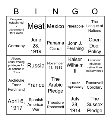 Imperialism + WWI Bingo Card