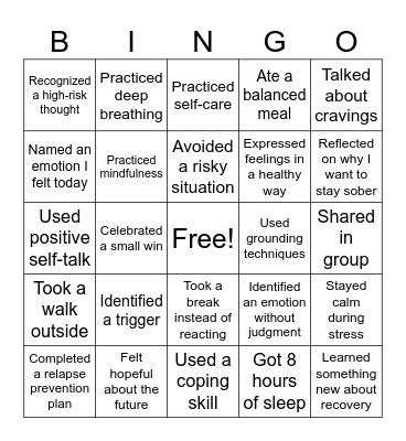 Recovery Bingo Card
