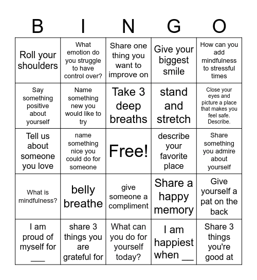 Mindfulness Bingo Card