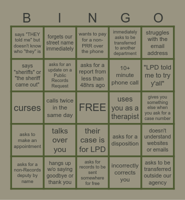 Phone Call Bingo Card