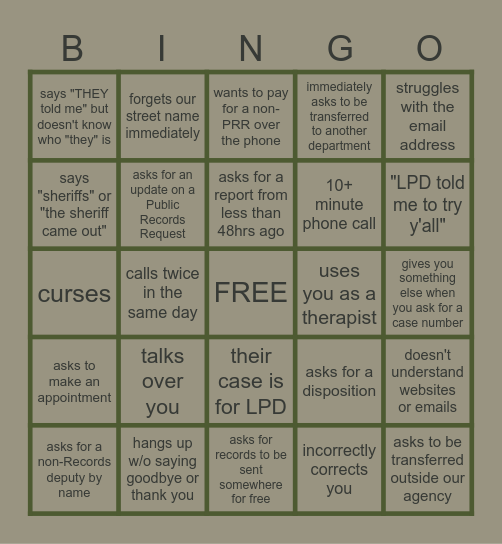 Phone Call Bingo Card
