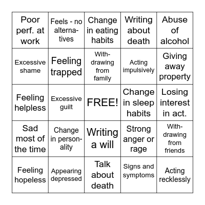 Suicide Prevention - What to Look For Bingo Card