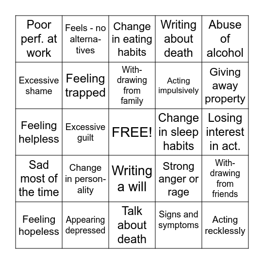 Suicide Prevention - What to Look For Bingo Card
