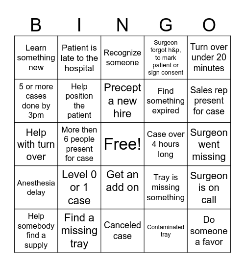 Surgical Tech Week Bingo Card