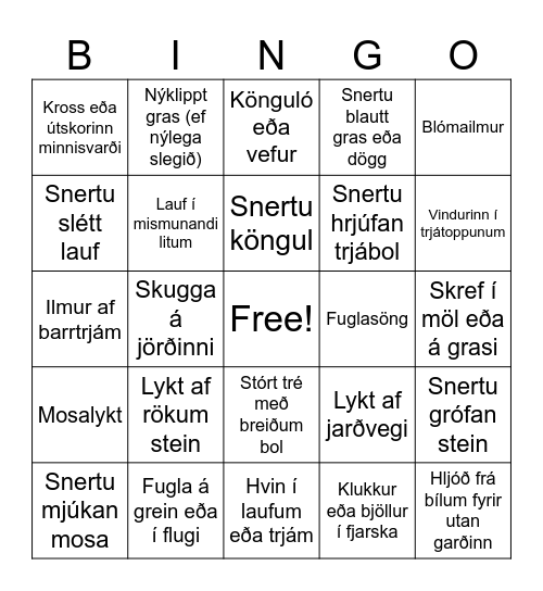 Hvað heyrið þið, sjáið, lyktið og snertið? Bingo Card