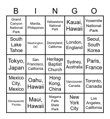 Travel Destinations Bingo Card