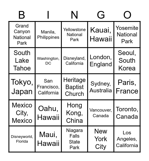 Travel Destinations Bingo Card