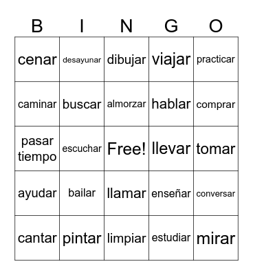 AR verbos Bingo Card
