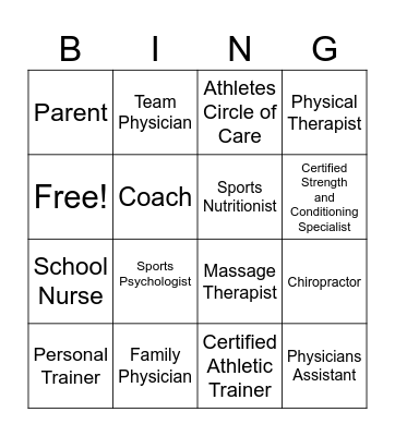 Professions in Sports Medicine/ Athletes Circle of Care Bingo Card