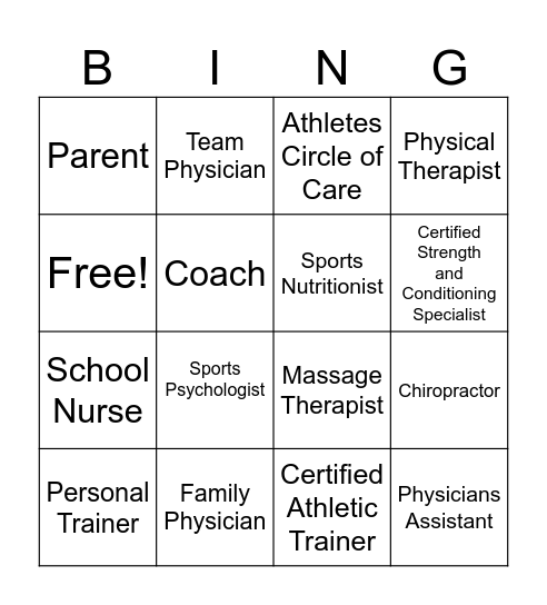 Professions in Sports Medicine/ Athletes Circle of Care Bingo Card