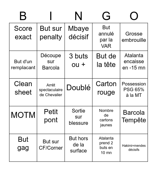 PSG - Atalanta Bingo Card
