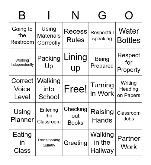 Classroom Routines Bingo Card