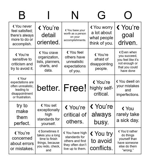 Perfeccionism Bingo Card