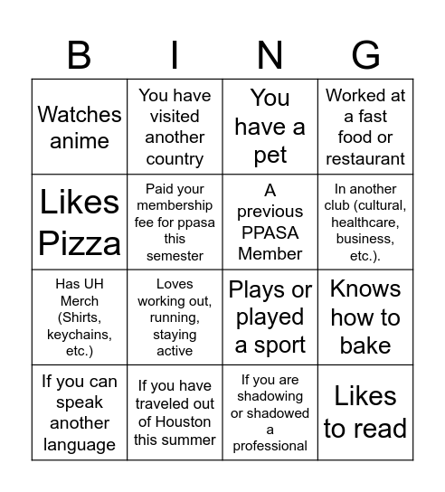 Welcome to PPASA Bingo Card