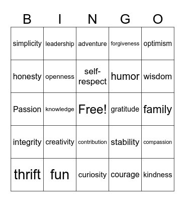 Values Bingo Card