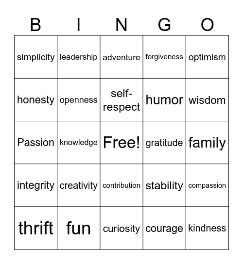 Values Bingo Card