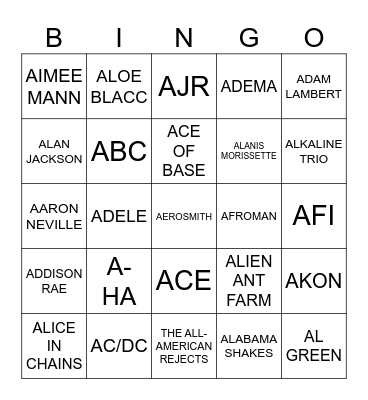 Game#1 - Brought to you be the letter "A" Bingo Card
