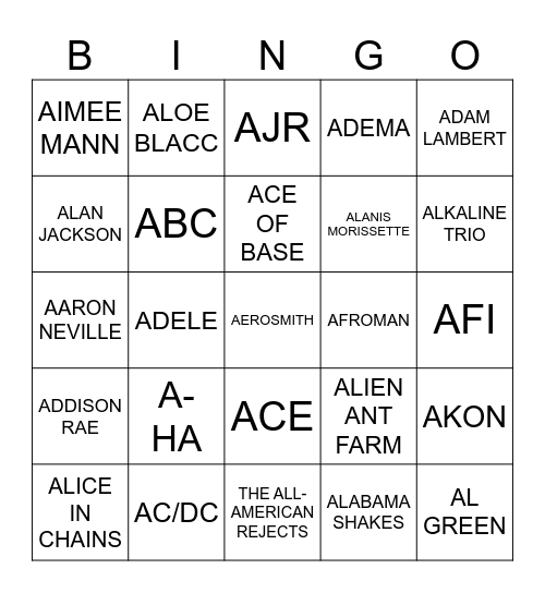 Game#1 - Brought to you be the letter "A" Bingo Card