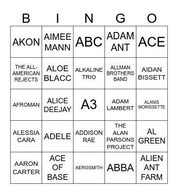 Game #1 - Brought to you be the letter "A" Bingo Card