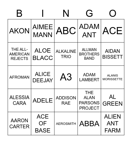 Game #1 - Brought to you be the letter "A" Bingo Card