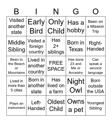 Diversity Grid Bingo Card