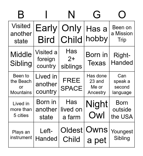 Diversity Grid Bingo Card